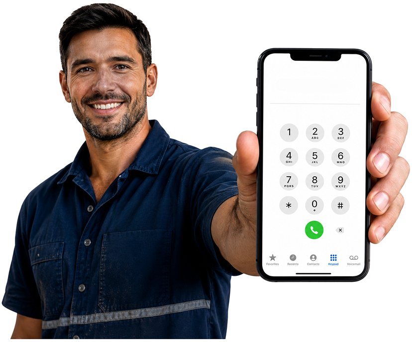 Ingleburn Blocked Drains plumber holding a phone — call 1300 261 965