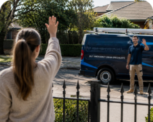 Customer waving goodbye to a Ingleburn Blocked Drains plumber
